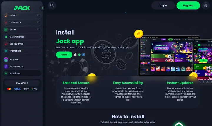 Install app page on jack.com showing browser add-to-home-screen instructions