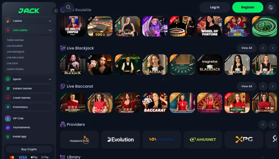 Jack live casino lobby with dealer tables