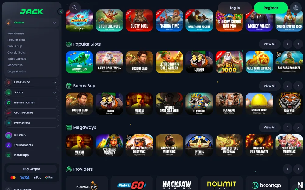 Jack slot lobby with Popular Slots, Bonus Buy and Megaways rows