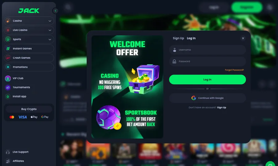 Jack login modal advertising 100 free spins with no wagering
